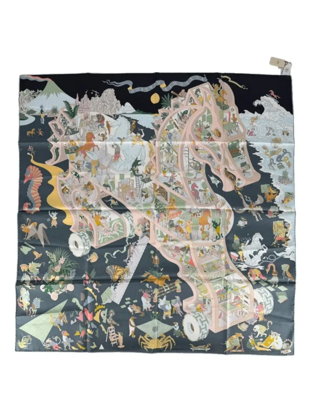 Hermes Scarf Carre 90 Academia Hippica Silk Green Multicolor Vintage